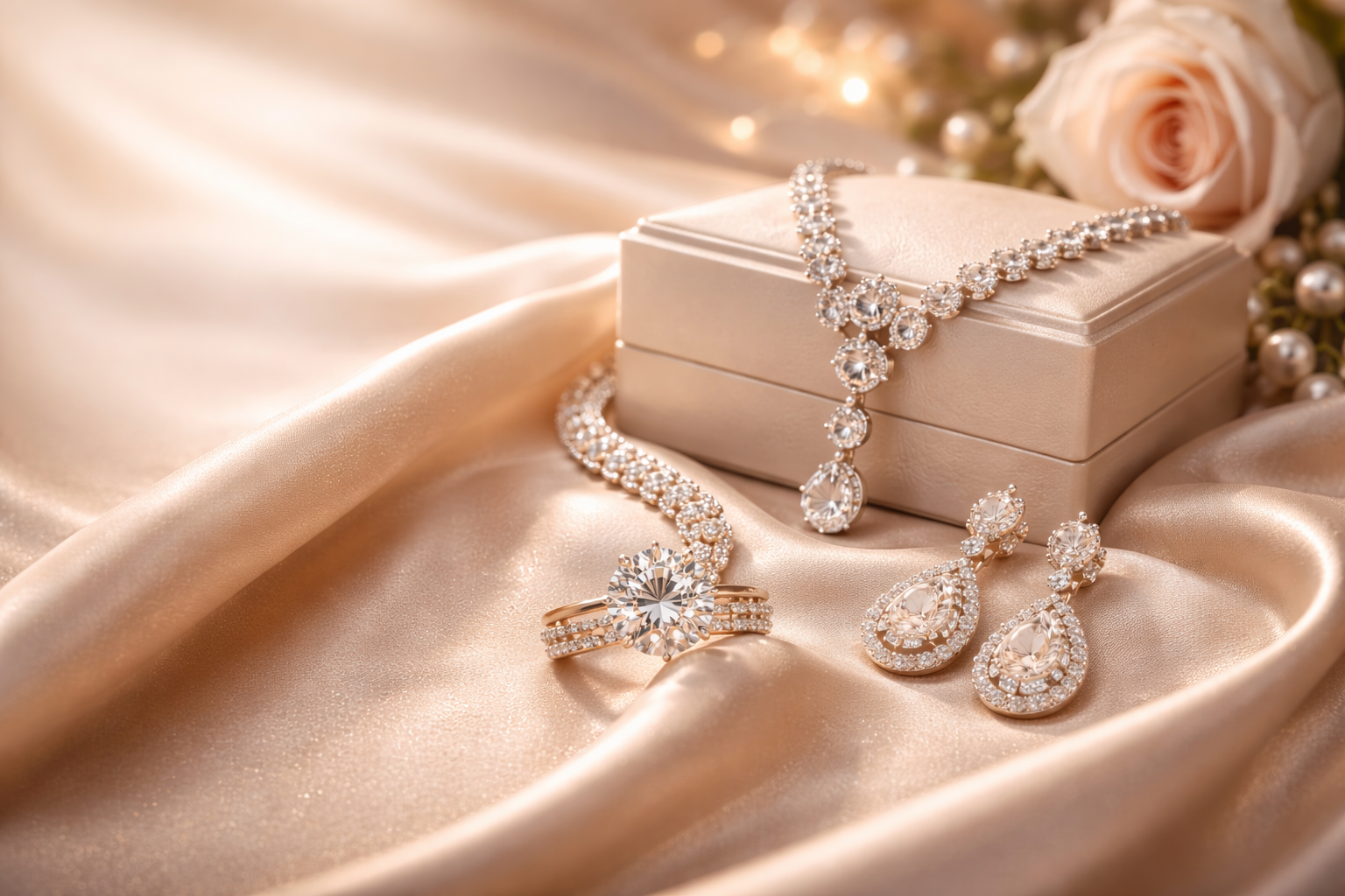 Elegant diamond jewelry on silk